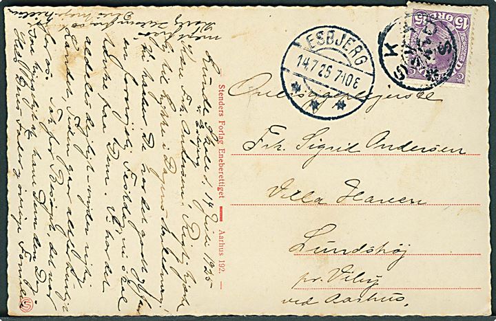 15 øre Chr. X på brevkort annulleret med stjernestempel SKADS og sidestemplet Esbjerg d. 14.7.1925 til Lundshøj pr. Viby.