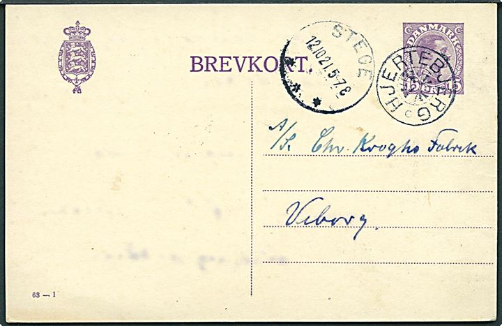 15 øre Chr. X helsagsbrevkort (fabr. 63-I) annulleret med stjernestempel HJERTEBJERG og sidestemplet Stege d. 12.10.1921 til Viborg.