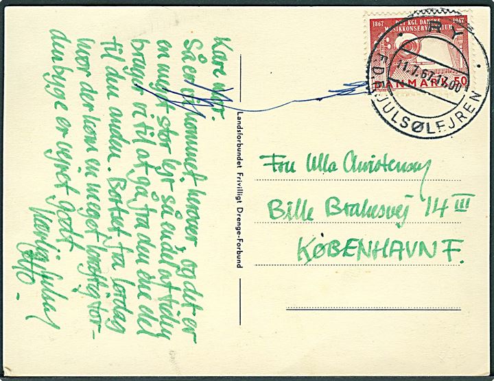 50 øre Musikkonservatorium på tegnet spejder postkort (Poul Bech) annulleret med særstempel Ry * F.D.F. Julsølejren * d. 11.7.1967 til København.