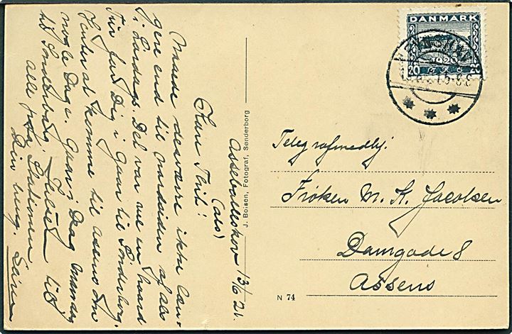 20 øre Genforening på brevkort annulleret med brotype IIb Fynshav d. 13.6.1921 til Assens.