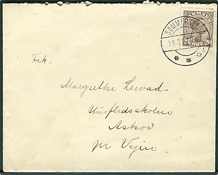 20 øre Chr. X på brev annulleret med pænt brotype IIb Sommersted sn1 d. 22.3.1922 til Askov pr. Vejen.
