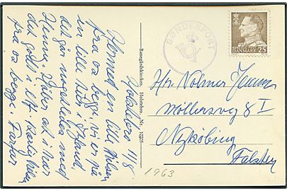 25 øre Fr. IX på brevkort (Holstebro Hovedbanegård) dateret d. 11.8.1963 og sidestemplet med posthornstempel SØNDERPORT til Nykøbing F.