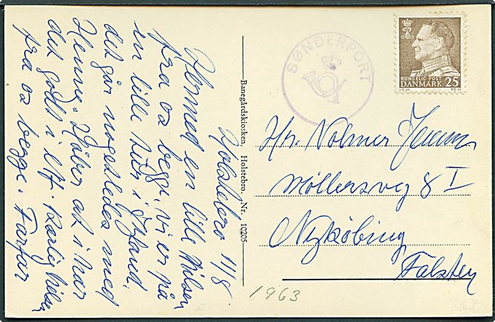 25 øre Fr. IX på brevkort (Holstebro Hovedbanegård) dateret d. 11.8.1963 og sidestemplet med posthornstempel SØNDERPORT til Nykøbing F.