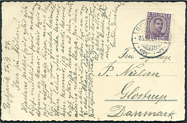 10 aur Chr. X på brevkort (Kort over Island) fra Reykjavik d. 25.9.1929 til Glostrup, Danmark.