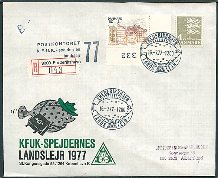 60 øre Landsdels udg. og 4 kr. Rigsvåben på fortrykt kuvert fra KFUK-Spejdernes Landslejr sendt anbefalet med særstempel Frederikshavn Landslejr d. 16.7.1977 til Albertslund. Blanko-rec.-etiket stemplet Postkontoret K.F.U.K.-spejdernes Landslejr 9900 Frederikshavn.