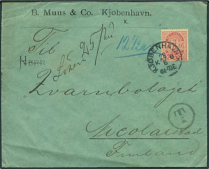 10 øre Våben på underfrankeret brev fra Kjøbenhavn d. 28.6.1894 til Nicolaistad, Finland. Sort T-stempel og påskrevet 12½ c. porto og Lösen 25 pen..