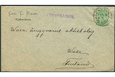5 øre Våben single på tryksag fra Kjøbenhavn d. 11.1.1894 til Wasa, Finland.
