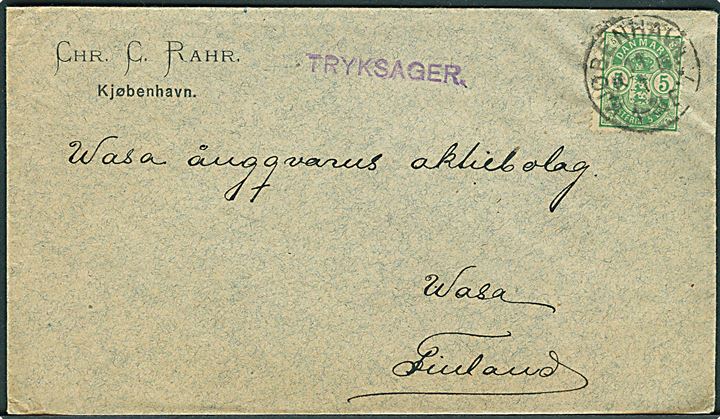 5 øre Våben single på tryksag fra Kjøbenhavn d. 11.1.1894 til Wasa, Finland.