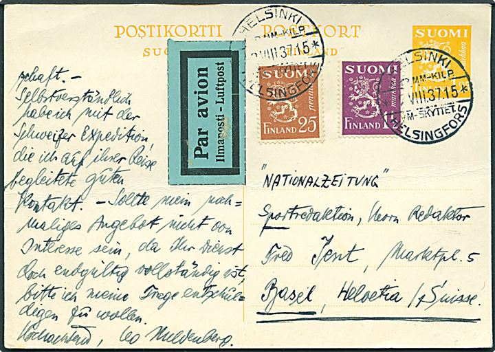 1,25 mk. helsagsbrevkort opfrankeret med 25 pen. og 1½ mk. Løve sendt som luftpost og annulleret med 2-sproget særstempel Helsingfors VM-Skyttet. d. 2.8.1937 til Basel, Schweiz.