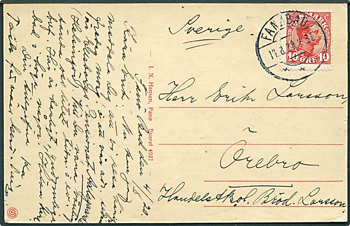 10 øre Chr. X på brevkort (Badeliv fra Fanø) annulleret med brotype IIb Fanøbad d. 14.8.1920 til Örebro, Sverige. 
