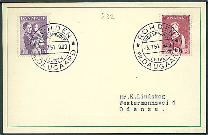 5+3 øre Røde Kors og 10+5 øre Børneforsorg på tryksags-brevkort annulleret med spejder særstempel Roheden pr. Daugaard / Pigespejder Lejren d. 3.7.1951 til Odense.