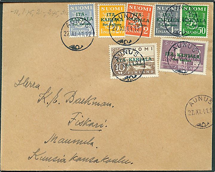 50 pen.-10 mk. Itä-Karjala Provisorium på brev fra Aunus d. 27.11.1941 til Fiskari.