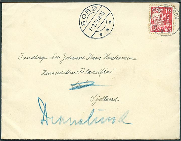 15 øre Karavel på brev annulleret med brotype IIIc Katterød d. 11.9.1939 til Sorø - eftersendt til Dianalund.