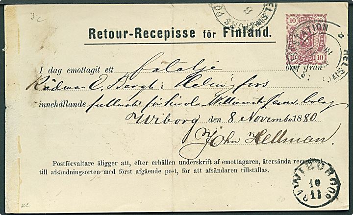 10 pen. helsags Modtagelsesbevis stemplet Helsingfors Poststation d. 8.11.1880 og Wiborg d. 10.11.1880.