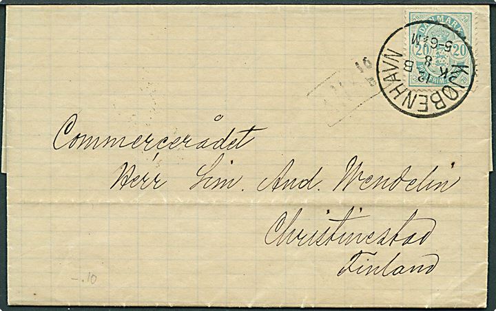 20 øre Våben på brev annulleret med lapidar Kjøbenhavn KB d. 12.8.1885 via Stockholm og Åbo til Christinestad, Finland.