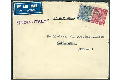 3 As. 6 P. og 12 As. George V på fortrykt kuvert fra danske konsulat sendt som luftpost fra Bombay 1936 via Kjøbenhavn-Malmø d. 23.6.1936 til Udenrigsministeriet i København, Danmark. Liniestempel India-Italy.