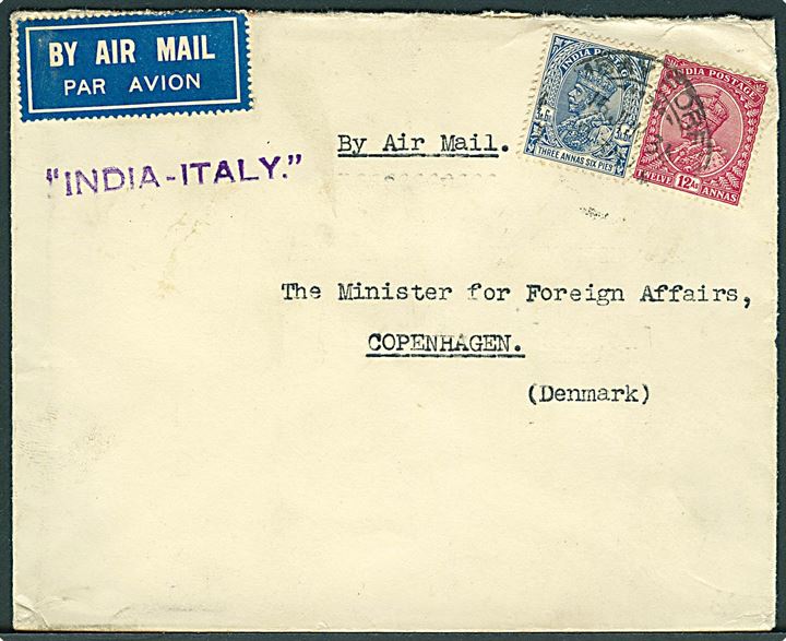 3 As. 6 P. og 12 As. George V på fortrykt kuvert fra danske konsulat sendt som luftpost fra Bombay 1936 via Kjøbenhavn-Malmø d. 23.6.1936 til Udenrigsministeriet i København, Danmark. Liniestempel India-Italy.