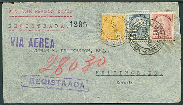 12.100 Reis blandingsfrankeret anbefalet luftpostbrev fra Rio de Janeiro d. 30.3.1940 til Helsingborg, Sverige. Påskrevet: Via Air France 31/3.