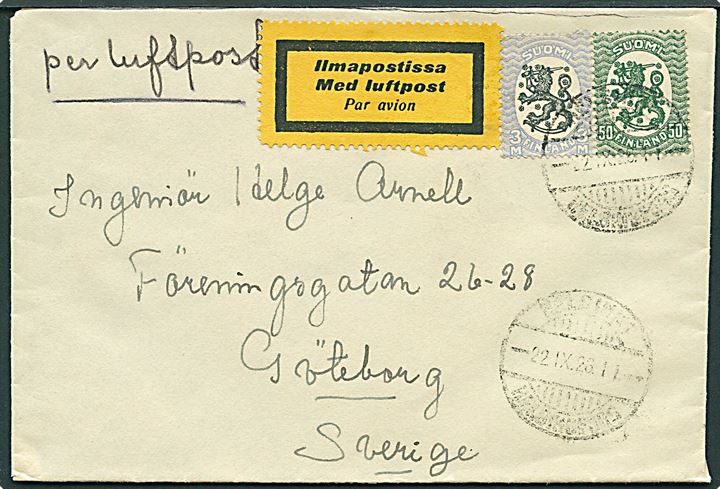 50 pen. og 3 mk. Løve på luftpostbrev fra Helsinki d. 22.9.1926 til Göteborg, Sverige.
