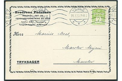 7 øre Bølgelinie med perfin B.P. på tryksagsbrevkort fra firma Brødrene Pedersen i Vejle d. 26.3.1930 til Marslev. 2 arkivhuller.