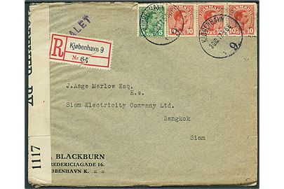5 øre og 10 øre (3) Chr. X på anbefalet brev fra Kjøbenhavn d. 30.10.1917 via London til Bangkok, Siam. Åbnet af britisk censur no. 1117.
