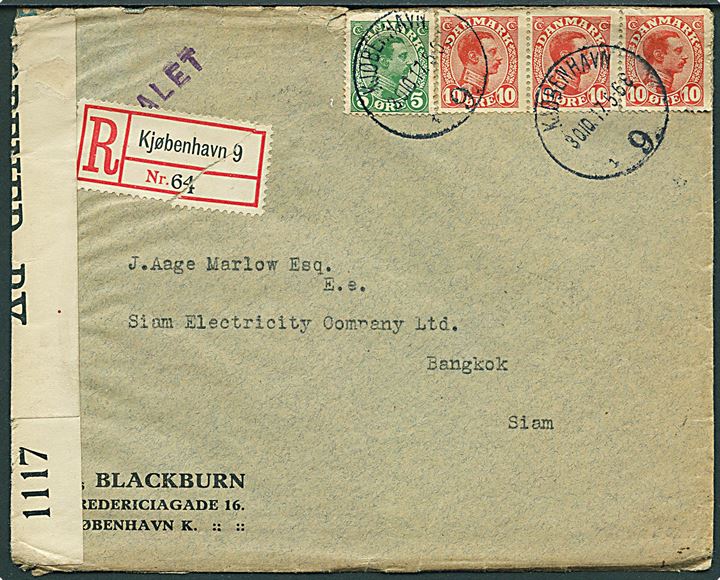 5 øre og 10 øre (3) Chr. X på anbefalet brev fra Kjøbenhavn d. 30.10.1917 via London til Bangkok, Siam. Åbnet af britisk censur no. 1117.