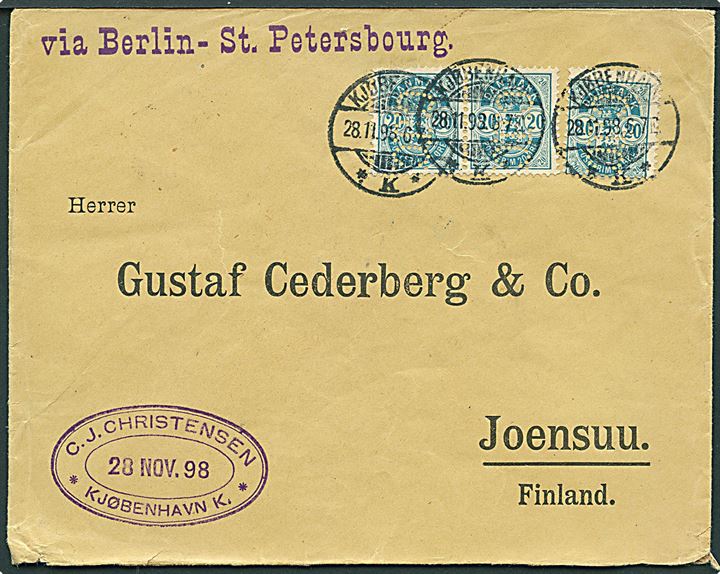 20 øre Våben (3) med perfin C.J.C. på 3. vægtkl. brev fra firma C.J.Christensen i Kjøbenhavn d. 28.11.1898 til Joensuu, Finland. Liniestempel: via Berlin - St. Petersbourg..