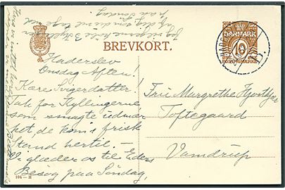 10 øre helsagsbrevkort (fabr. 104-H) annulleret med brotype Vd Haderslev B. d. 24.8.1932 til Vamdrup. 