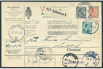 60 øre, 90 øre og 2 kr. Chr. X med perfin HP på internationalt adressekort for pakke fra firma Holger Petersen stemplet Kjøbenhavn 8 d. 11.7.1923 via Malmö og Turku til Lahti, Finland.