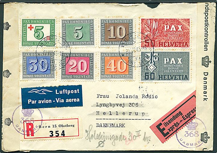 Pax-udg. på blandingsfrankeret anbefalet ekspres luftpostbrev fra Bern d. 30.7.1945 til Hellerup, Danmark - eftersendt til København. Åbnet af dansk efterkrigscensur (krone)/368/Danmark.