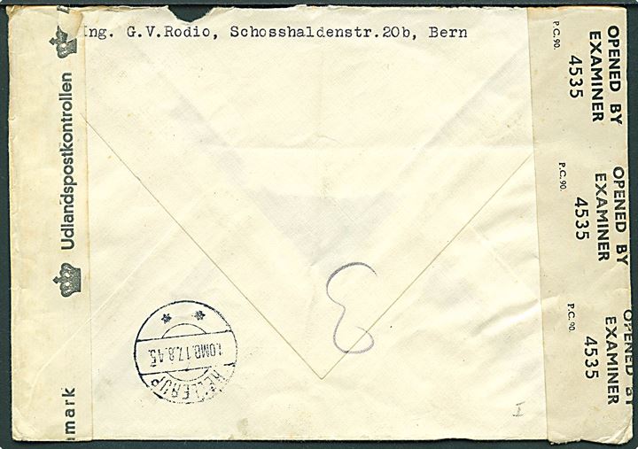 Pax-udg. på blandingsfrankeret anbefalet ekspres luftpostbrev fra Bern d. 30.7.1945 til Hellerup, Danmark - eftersendt til København. Åbnet af dansk efterkrigscensur (krone)/368/Danmark.