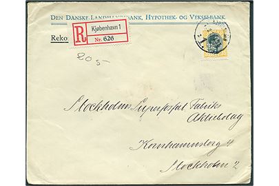 35 øre Chr. X med perfin LB på anbefalet brev fra Den danske-Landmandsbank i Kjøbenhavn d. 1.9.1919 til Stockholm, Sverige.