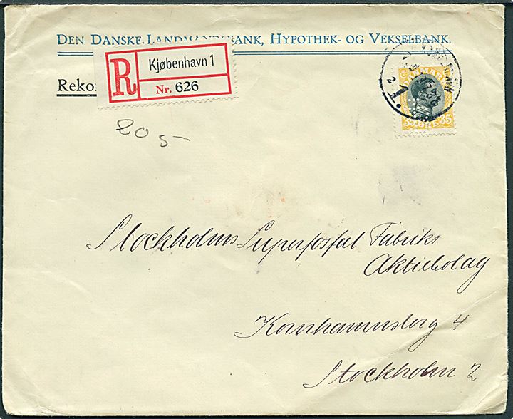 35 øre Chr. X med perfin LB på anbefalet brev fra Den danske-Landmandsbank i Kjøbenhavn d. 1.9.1919 til Stockholm, Sverige.