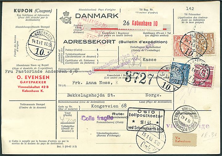 5 øre Bølgelinie, 40 øre Karavel, 1 kr. og 2 kr. Chr. X på 3,45 kr. frankeret internationalt adressekort for Gavepakke fra København d. 14.1.1943 til Bækkelagshøjda, Norge.