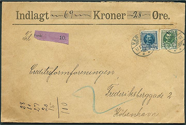 5 øre og 20 øre Fr. VIII på stort værdibrev fra Varde d. 17.7.1909 til København.