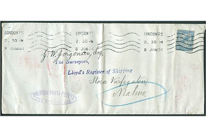 Engelsk 2½d George V med perfin L R O på aflang kuvert fra Lloyd's Register of Shipping i London d. 8.6.1918 til Malmö, Sverige. Antagelig fejlsendt til Italien med oval militærcensur fra Bologna. Fold.