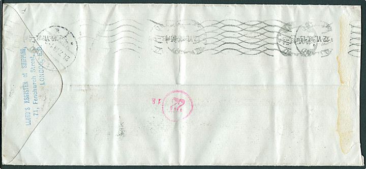 Engelsk 2½d George V med perfin L R O på aflang kuvert fra Lloyd's Register of Shipping i London d. 8.6.1918 til Malmö, Sverige. Antagelig fejlsendt til Italien med oval militærcensur fra Bologna. Fold.