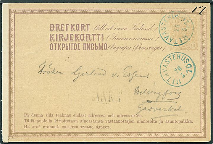 10 pen. helsagsbrevkort fra Tavastehus d. 26.5.1876 til Helsingfors.