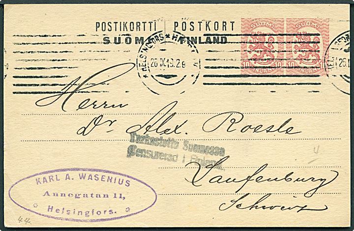 10+10 pen. provisorisk helsagsbrevkort fra Helsingfors d. 26.9.1919 til Laufenburg, Schweiz. 2-sproget finsk borgerkrigscensur Censurerad i Finland.