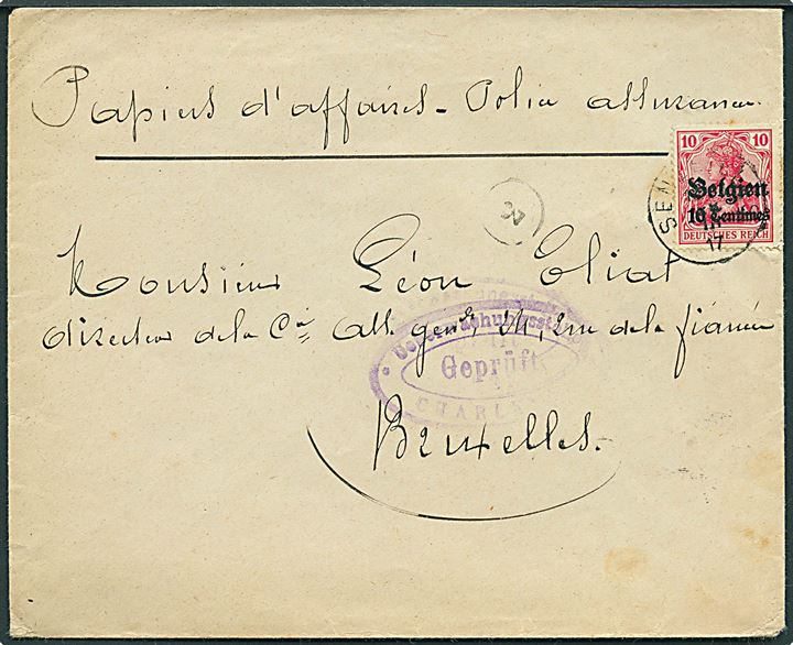 Tysk post i Belgien. 10 Centimes/10 pfg. Belgien provisorium på brev stemplet Sen... 1917 til Bruxelles. Ovalt censurstempel.