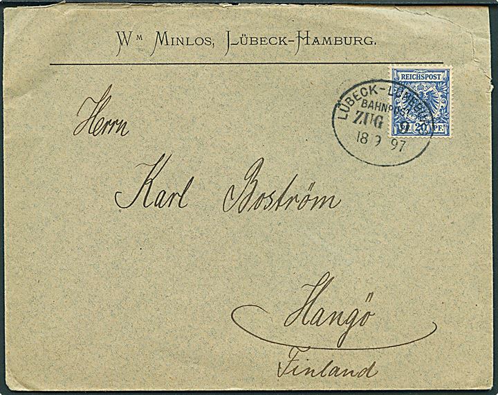20 pfg. Adler på brev fra Lübeck annulleret med bureaustempel Lübeck - Lüneburg Bahnpost Zug 9 d. 18.9.1897 til Hangö, Finland.