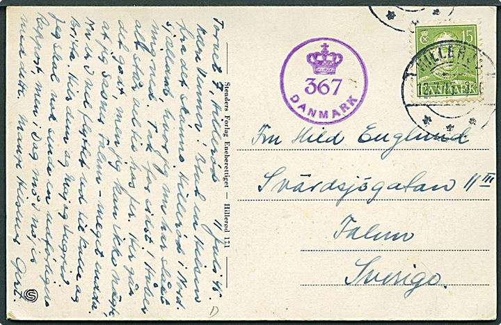 15 øre Chr. X på brevkort fra Hillerød d. 12.7.1945 til Falun, Sverige. Dansk efterkrigscensur (krone)/367/Danmark.