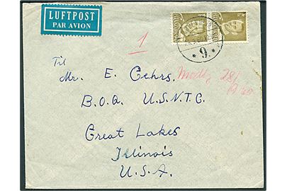 90 øre Fr. IX i parstykke på luftpostbrev fra København d. 28.9.1960 til dansker ved amerikansk flådeafdeling i Great Lakes, USA.