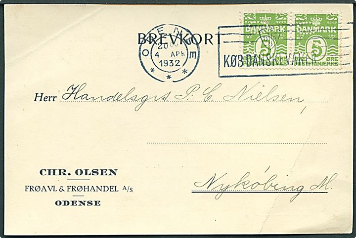 5 øre Bølgelinie i parstykke med perfin C.O. på brevkort fra firma Chr. Olsen i Odense d. 4.4.1932 til Nykøbing M. Fold.