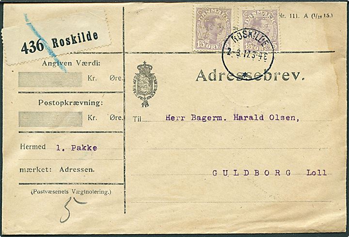 15 øre Chr. X (2) med perfin D.D.S.F. på adressekort for pakke fra De danske Sprikfabrikker i Roskilde d. 2.3.1917 via Nørre Alslev til Guldborg Lolland.