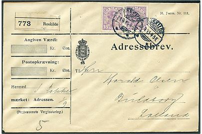 15 øre Chr. X (2) med perfin D.D.S.F. på adressekort for pakke fra De danske Sprikfabrikker i Roskilde d. 21.4.1915 via Nørre Alslev til Guldborg Lolland.