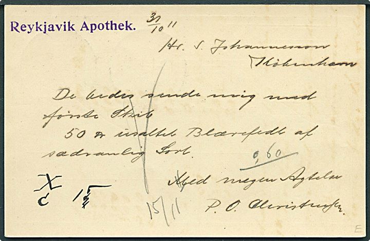 5 aur To Konger helsagsbrevkort fra Reykjavik Apothek stemplet Reykjavik d. 1.11.1911 til Kjøbenhavn, Danmark.