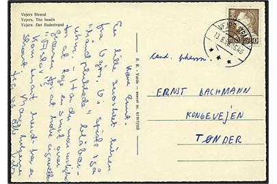 50 øre Fr. IX på brevkort annulleret med brotype IId stempel Vejrs Strand d. 13.8.1968 til Tønder.