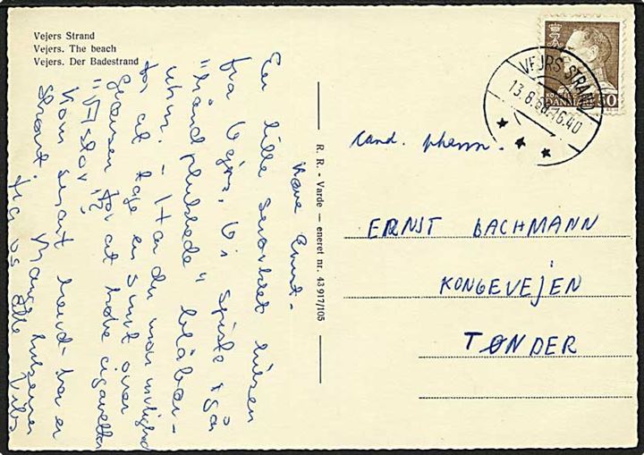 50 øre Fr. IX på brevkort annulleret med brotype IId stempel Vejrs Strand d. 13.8.1968 til Tønder.