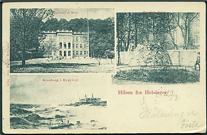 Hilsen fra Helsingør med Marienlyst Slot, Kronborg & Hamlets Grav. Jens Møller no. 6386. 